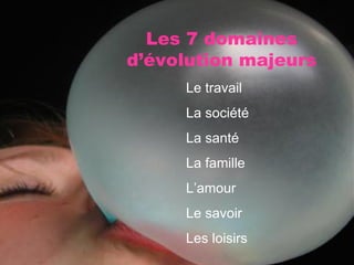 Les 7 domaines d’évolution majeurs Le travail La société La santé La famille L’amour Le savoir Les loisirs 