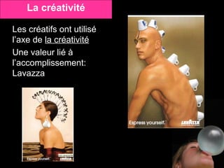 Les créatifs ont utilisé l’axe de  la créativité Une valeur lié à l’accomplissement:   Lavazza La créativité 