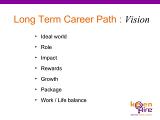Long Term Career Path :   Vision Ideal world Role  Impact  Rewards  Growth  Package  Work / Life balance 