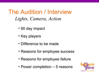 The Audition / Interview   Lights, Camera, Action 90 day impact  Key players  Difference to be made  Reasons for employee success Reasons for employee failure Power completion – 5 reasons 