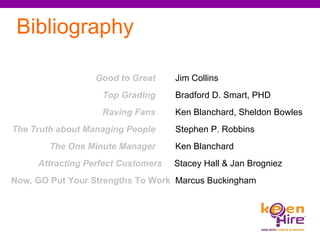 Bibliography Good to Great   Jim Collins Top Grading   Bradford D. Smart, PHD Raving Fans   Ken Blanchard, Sheldon Bowles The Truth about Managing People   Stephen P. Robbins The One Minute Manager   Ken Blanchard  Attracting Perfect Customers   Stacey Hall & Jan Brogniez Now, GO Put Your Strengths To Work   Marcus Buckingham  