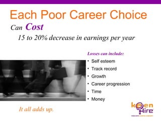 It all adds up. Each Poor Career Choice Losses can include: Self esteem Track record  Growth Career progression Time Money 15 to 20% decrease in earnings per year   Can   Cost 
