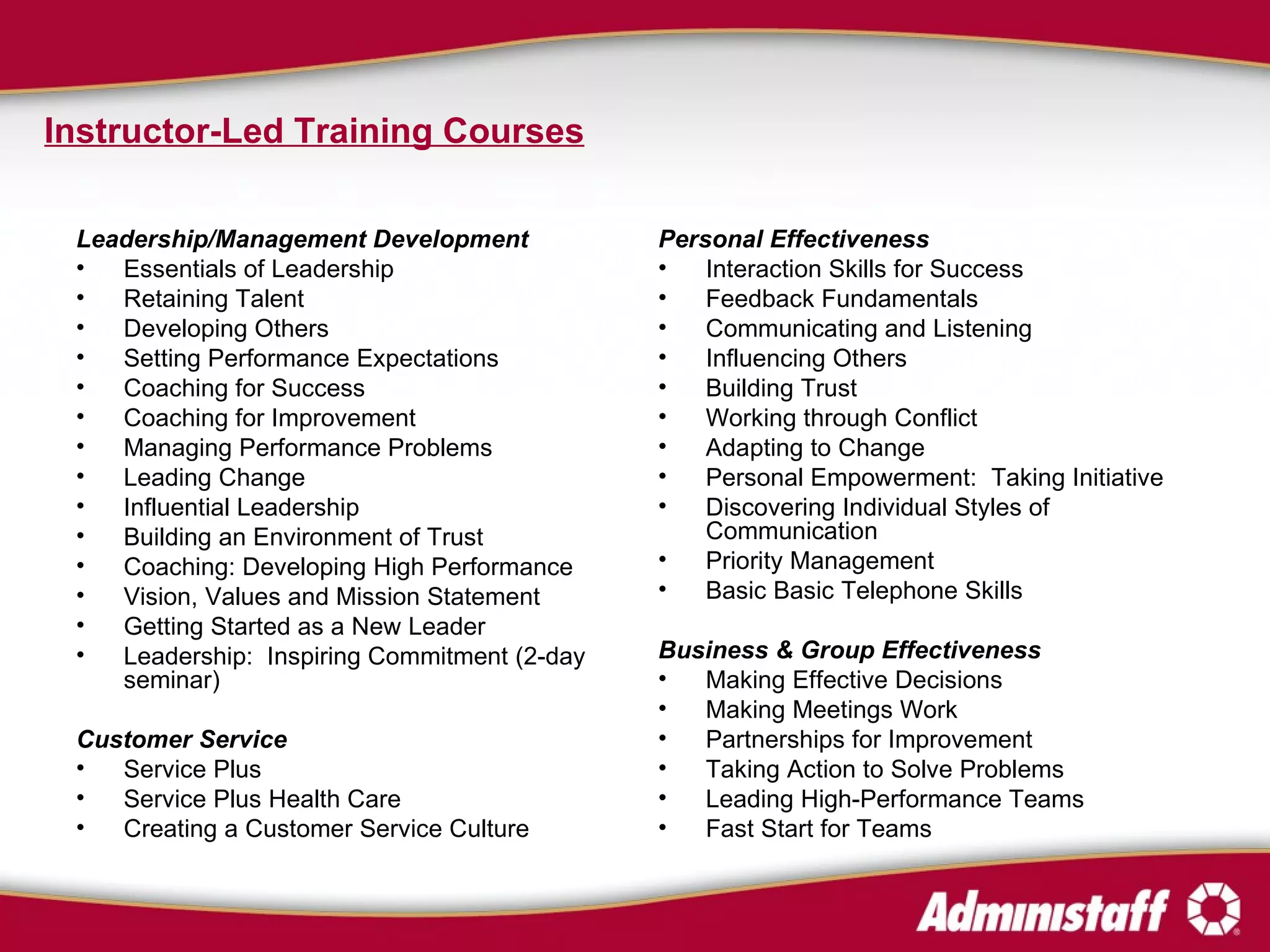 Instructor-Led Training Courses   Leadership/Management Development  Essentials of Leadership Retaining Talent Developing Others Setting Performance Expectations Coaching for Success  Coaching for Improvement  Managing Performance Problems Leading Change Influential Leadership Building an Environment of Trust Coaching: Developing High Performance Vision, Values and Mission Statement Getting Started as a New Leader Leadership:  Inspiring Commitment (2-day seminar) Customer Service Service Plus Service Plus Health Care Creating a Customer Service Culture  Personal Effectiveness Interaction Skills for Success Feedback Fundamentals Communicating and Listening Influencing Others Building Trust Working through Conflict Adapting to Change Personal Empowerment:  Taking Initiative Discovering Individual Styles of Communication Priority Management Basic Basic Telephone Skills Business & Group Effectiveness Making Effective Decisions Making Meetings Work Partnerships for Improvement  Taking Action to Solve Problems Leading High-Performance Teams  Fast Start for Teams 