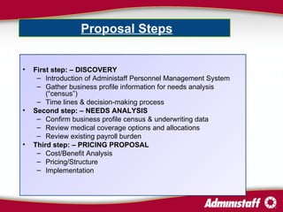 First step: – DISCOVERY Introduction of Administaff Personnel Management System Gather business profile information for needs analysis (“census”) Time lines & decision-making process Second step: –   NEEDS ANALYSIS  Confirm business profile census & underwriting data Review medical coverage options and allocations  Review existing payroll burden  Third step: – PRICING PROPOSAL Cost/Benefit Analysis  Pricing/Structure  Implementation Proposal Steps   