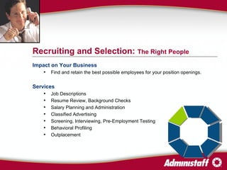 Impact on Your Business Find and retain the best possible employees for your position openings. Services Job Descriptions Resume Review, Background Checks Salary Planning and Administration Classified Advertising Screening, Interviewing, Pre-Employment Testing Behavioral Profiling Outplacement Recruiting and Selection:  The Right People 