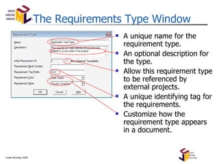 The Requirements Type Window A unique name for the requirement type. An optional description for the type. Allow this requirement type to be referenced by external projects. A unique identifying tag for the requirements. Customize how the requirement type appears in a document. 