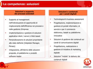 Le competenze: soluzioni Soluzioni a supporto dei processi aziendali  Supporto al management nell’individuazione di opportunità di miglioramento dell’efficienza nei processi e nella gestione d’impresa Implementazione e gestione di soluzioni applicative client / server e Web based Personalizzazione di soluzioni proprietarie allo stato dell’arte (Helpdesk Manager, Perseo) Integrazione, all’interno delle soluzioni proposte, di piattaforme e prodotti software leader Soluzioni e contenuti per i canali digitali Technological & business assessment Progettazione, implementazione e gestione di portali informativi, di servizio e per il commercio elettronico, basati su piattaforme innovative Soluzioni di gestione dei contenuti sui canali di comunicazione digitali Progettazione, realizzazione e gestione di iniziative di marketing digitale Soluzioni “mobile” di delivery dei contenuti digitali 