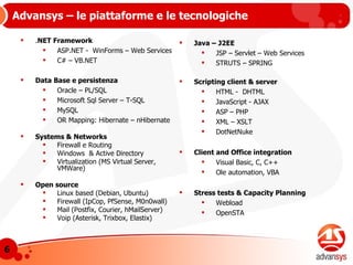 Advansys – le piattaforme e le tecnologiche . NET Framework ASP.NET -  WinForms – Web Services C# – VB.NET Data Base e persistenza Oracle – PL/SQL Microsoft Sql Server – T-SQL MySQL OR Mapping: Hibernate – nHibernate Systems & Networks Firewall e Routing Windows  & Active Directory Virtualization (MS Virtual Server, VMWare) Open source Linux based (Debian, Ubuntu) Firewall (IpCop, PfSense, M0n0wall) Mail (Postfix, Courier, hMailServer) Voip (Asterisk, Trixbox, Elastix) Java – J2EE JSP – Servlet – Web Services STRUTS – SPRING Scripting client & server HTML -  DHTML  JavaScript - AJAX ASP – PHP XML – XSLT DotNetNuke Client and Office integration Visual Basic, C, C++ Ole automation, VBA  Stress tests & Capacity Planning Webload OpenSTA 