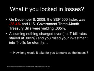 What if you locked in losses? On December 8, 2008, the S&P 500 Index was  -38.4%  and U.S. Government Three-Month Treasury Bills were yielding .005%.  Assuming nothing changed ever (i.e. T-bill rates stayed at .005%) and you rolled your investment into T-bills for eternity… How long would it take for you to make up the losses? Source: http://econompicdata.blogspot.com/2008/12/t-bills-2396-years-to-make-up-ytd.html 
