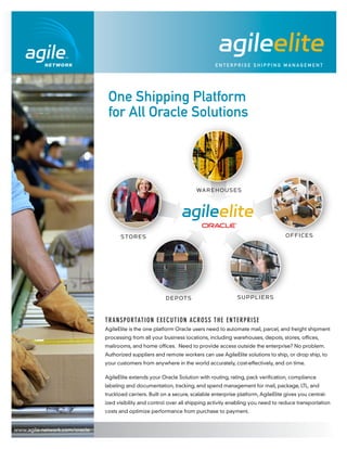 elite
                                                                               ENTERPRISE SHIPPING MANAGEMENT




                                One Shipping Platform
                                for All Oracle Solutions




                                                                       WA R E H O U S E S




                                                                                                               OFFICES
                                     STORES




                                                                                         SUPPLIERS
                                                         D E P OT S


                               TRANSPORTATION EXECUTION ACROSS THE ENTERPRISE
                               AgileElite is the one platform Oracle users need to automate mail, parcel, and freight shipment
                               processing from all your business locations, including warehouses, depots, stores, offices,
                               mailrooms, and home offices. Need to provide access outside the enterprise? No problem.
                               Authorized suppliers and remote workers can use AgileElite solutions to ship, or drop ship, to
                               your customers from anywhere in the world accurately, cost-effectively, and on time.

                               AgileElite extends your Oracle Solution with routing, rating, pack verification, compliance
                               labeling and documentation, tracking, and spend management for mail, package, LTL, and
                               truckload carriers. Built on a secure, scalable enterprise platform, AgileElite gives you central-
                               ized visibility and control over all shipping activity enabling you need to reduce transportation
                               costs and optimize performance from purchase to payment.


www.agile-network.com/oracle
 