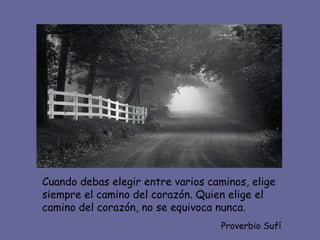 Cuando debas elegir entre varios caminos, elige siempre el camino del corazón. Quien elige el camino del corazón, no se equivoca nunca. Proverbio Sufí 