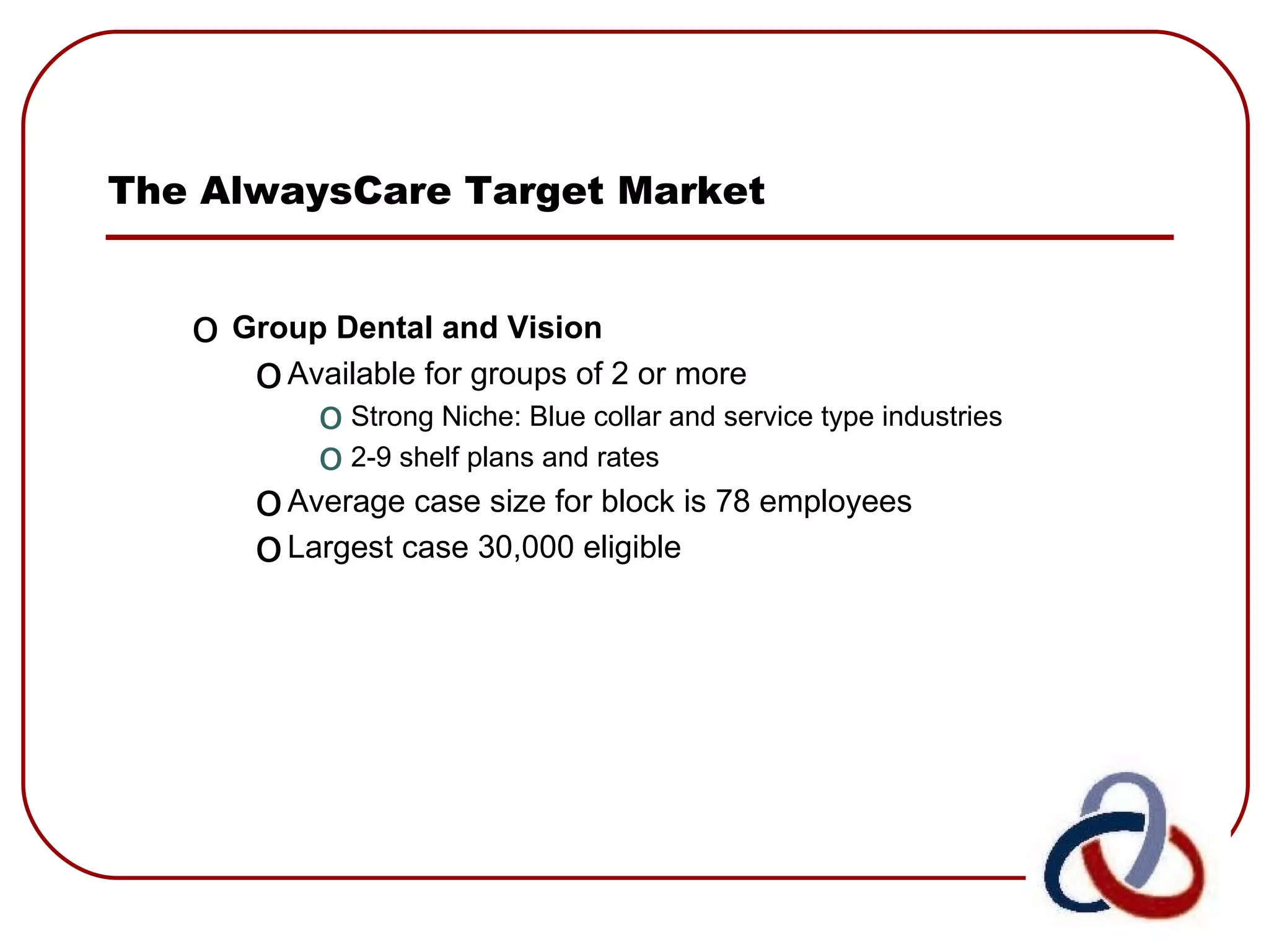 The AlwaysCare Target Market Group Dental and Vision Available for groups of 2 or more Strong Niche: Blue collar and service type industries  2-9 shelf plans and rates Average case size for block is 78 employees Largest case 30,000 eligible 