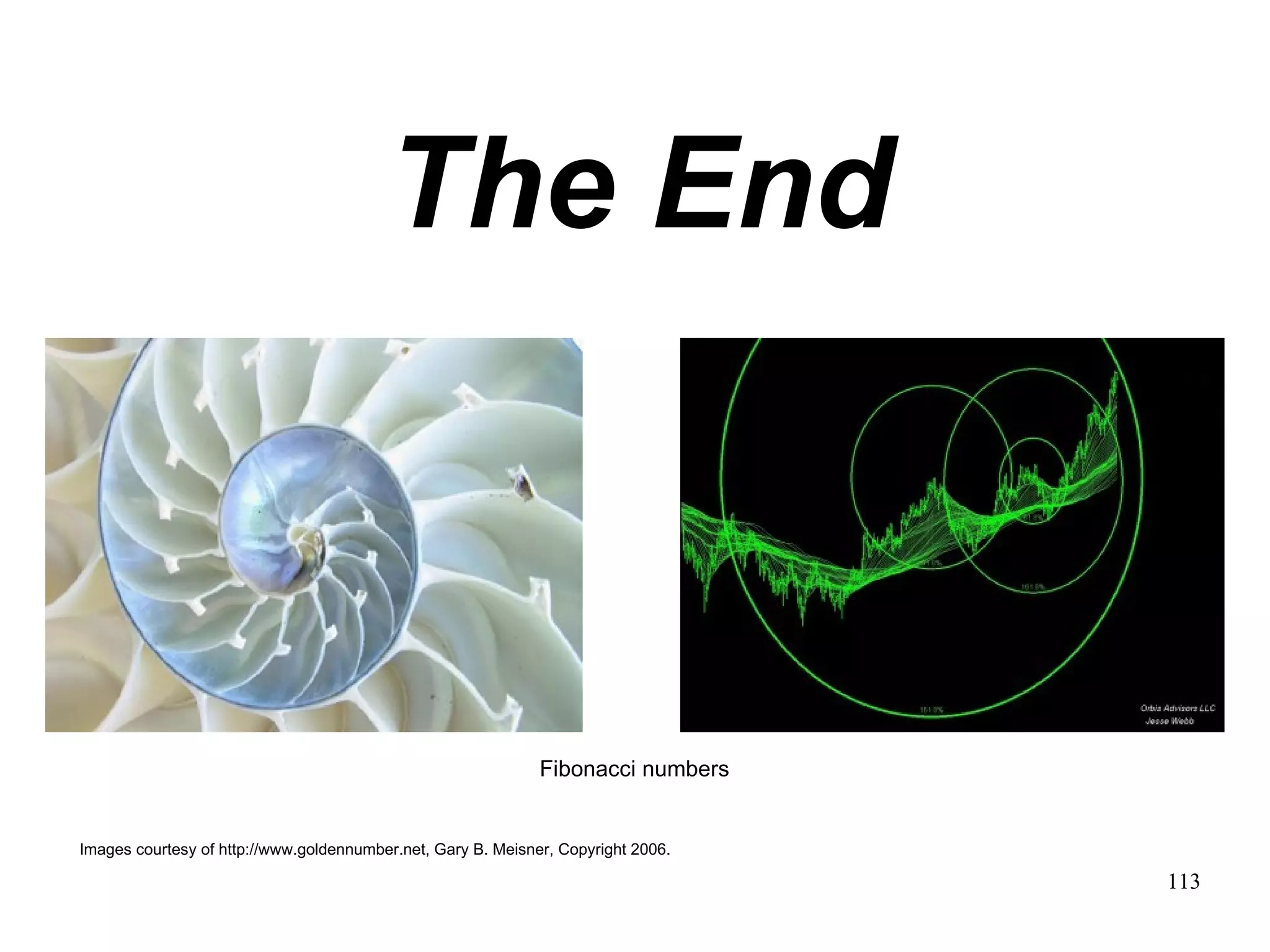 The End Images courtesy of http://www.goldennumber.net, Gary B. Meisner, Copyright 2006. Fibonacci numbers 