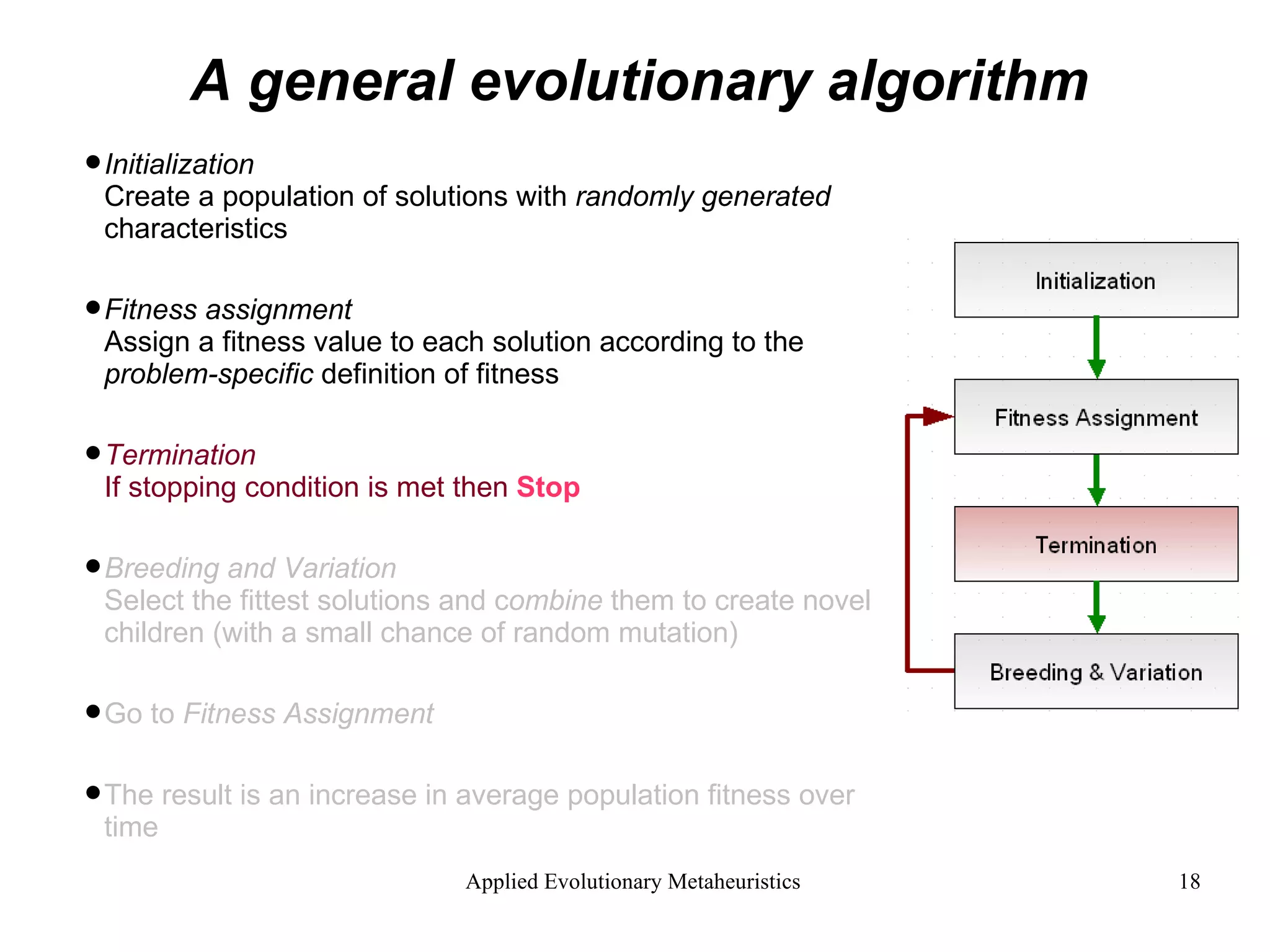 A general evolutionary algorithm Initialization Create a population of solutions with  randomly generated  characteristics Fitness assignment Assign a fitness value to each solution according to the  problem-specific  definition of fitness  Termination If stopping condition is met then  Stop Breeding and Variation Select the fittest solutions and c ombine  them to create novel children (with a small chance of random mutation)   Go to  Fitness Assignment   The result is an increase in average population fitness over time 