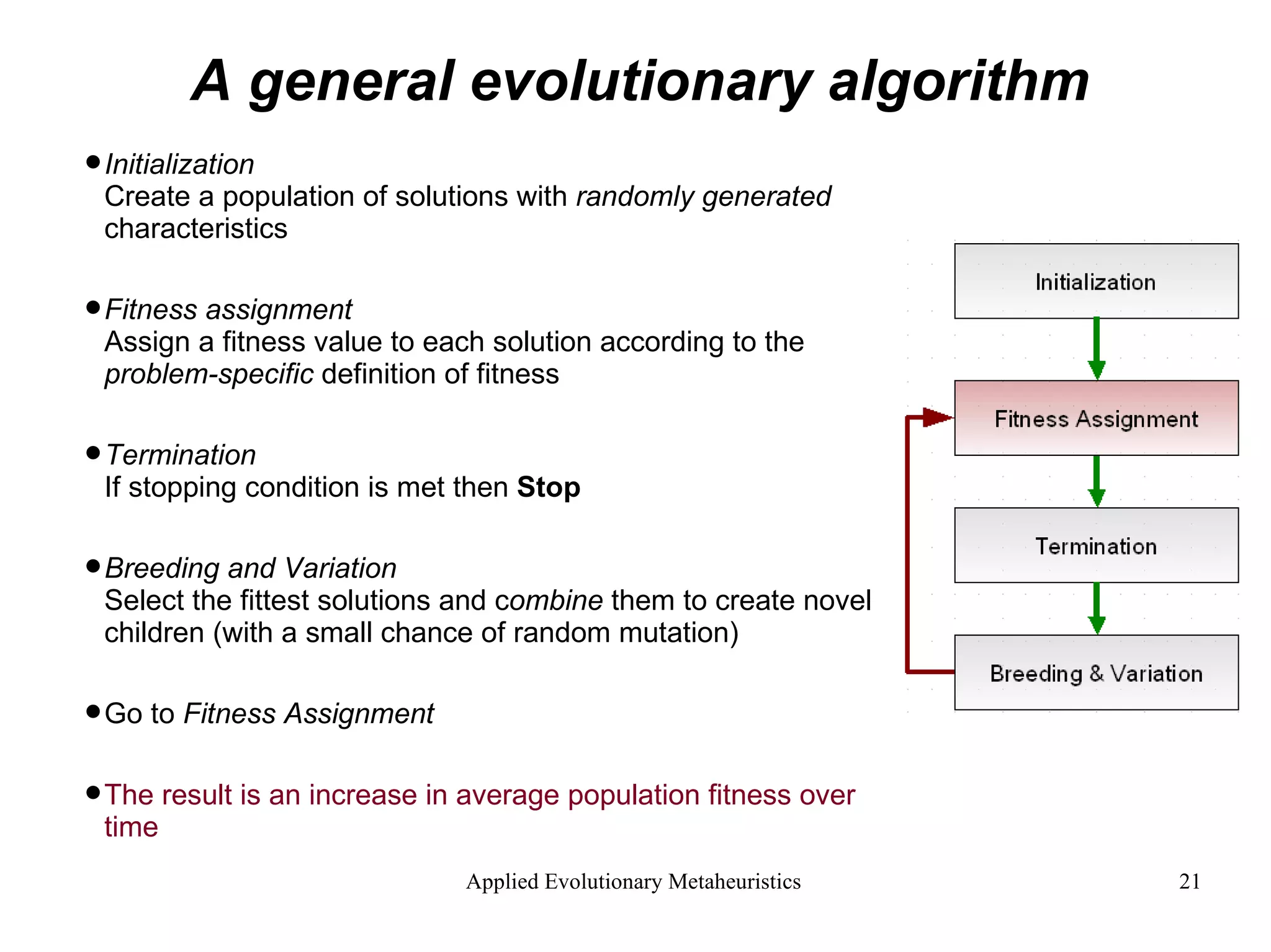 A general evolutionary algorithm Initialization Create a population of solutions with  randomly generated  characteristics Fitness assignment Assign a fitness value to each solution according to the  problem-specific  definition of fitness  Termination If stopping condition is met then  Stop Breeding and Variation Select the fittest solutions and c ombine  them to create novel children (with a small chance of random mutation)   Go to  Fitness Assignment   The result is an increase in average population fitness over time 
