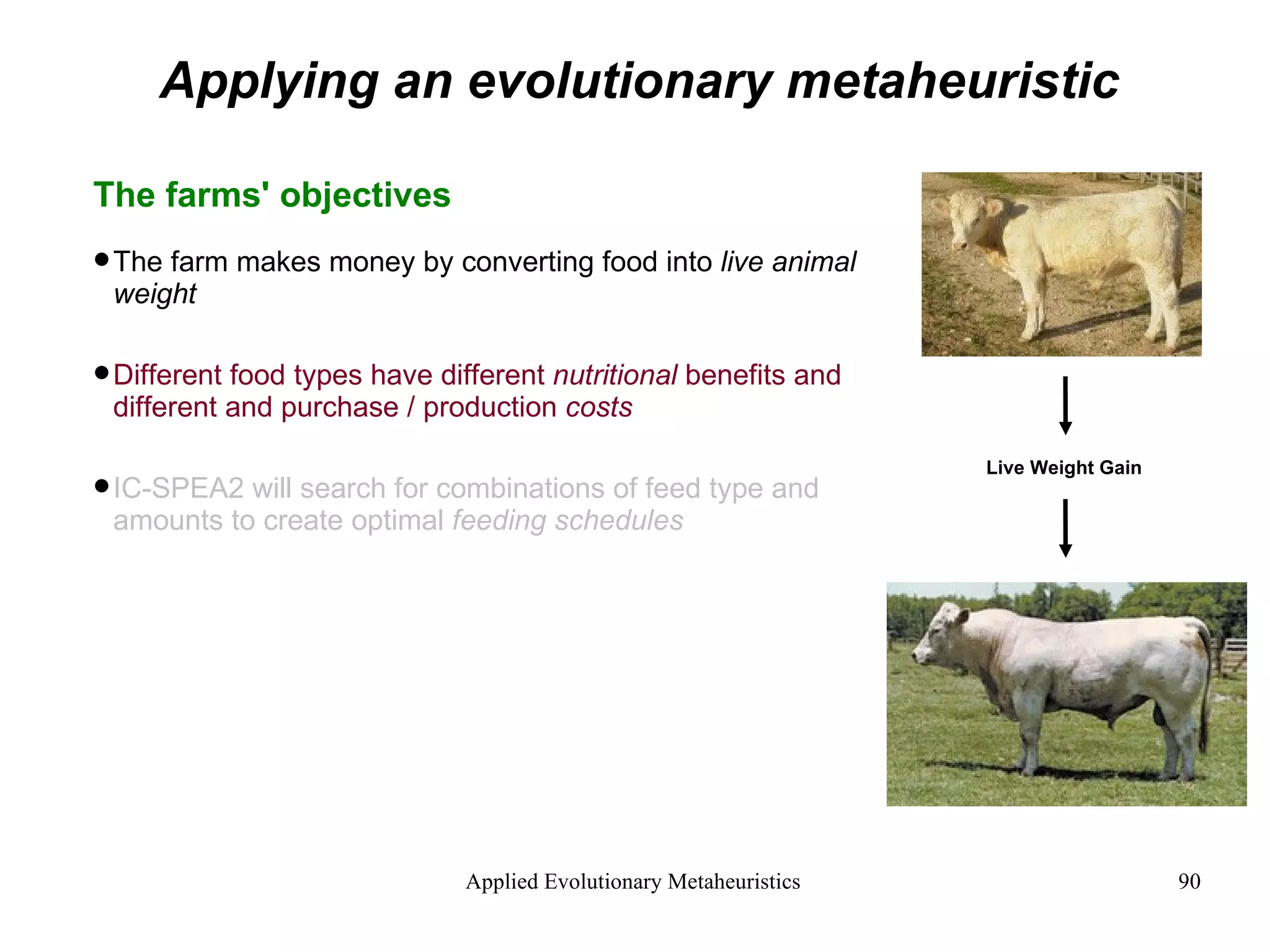 Applying an evolutionary metaheuristic The farms' objectives The farm makes money by converting food into  live animal weight Different food types have different  nutritional  benefits and different and purchase / production  costs IC-SPEA2 will search for combinations of feed type and amounts to create optimal  feeding schedules Live Weight Gain 