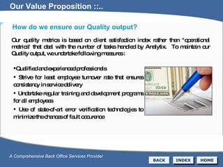 Our quality metrics is based on client satisfaction index rather than "operational metrics" that deal with the number of tasks handled by Analytix.  To maintain our Quality output, we undertake following measures : How do we ensure our Quality output? BACK INDEX HOME A Comprehensive Back Office Services Provider Our Value Proposition ::.. Qualified and experienced professionals  Strive for least employee turnover rate that ensures consistency in service delivery Undertake regular training and development programs for all employees Use of state-of-art error verification technologies to minimize the chances of fault occurence  