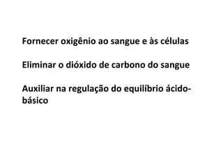 Fornecer oxigênio ao sangue e às células Eliminar o dióxido de carbono do sangue Auxiliar na regulação do equilíbrio ácido-básico   