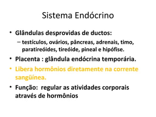 Sistema Endócrino Glândulas desprovidas de ductos: testículos, ovários, pâncreas, adrenais, timo, paratireóides, tireóide, pineal e hipófise.  Placenta : glândula endócrina temporária. Libera hormônios diretamente na corrente sangüínea. Função:  regular as atividades corporais através de hormônios   