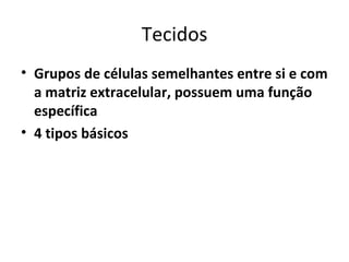 Tecidos Grupos de células semelhantes entre si e com a matriz extracelular, possuem uma função específica  4 tipos básicos 