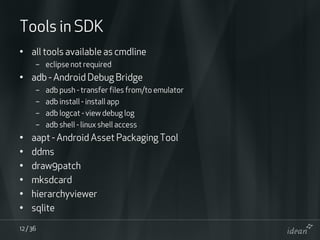 Tools in SDK
• all tools available as cmdline
      – eclipse not required
• adb - Android Debug Bridge
      –   adb push...
