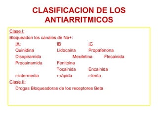 CLASIFICACION DE LOS ANTIARRITMICOS Clase I: Bloqueado n los canales de Na+: IA: IB IC Quinidina Lidocaina Propafenona Disopiramida   Mexiletina Flecainida Procainamida Fenitoina Tocainida Encainida r-intermedia r-rápida r-lenta Clase II: Drogas Bloqueadoras de los receptores Beta 