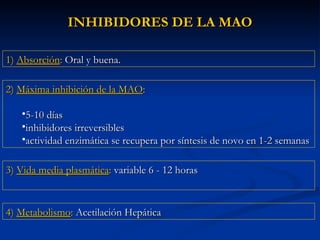 INHIBIDORES DE LA MAO 2)  Máxima inhibición de la MAO :   5-10 días inhibidores irreversibles actividad enzimática se recupera por síntesis de novo en 1-2 semanas 1)  Absorción :  Oral y buena. 4)  Metabolismo :  Acetilación Hepática 3)  Vida media plasmática :  variable 6 - 12 horas 
