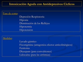 Intoxicación Aguda con Antidepresivos Cíclicos Medidas :   Lavado gástrico Fisostigmina (antagoniza efectos anticolinérgicos) Fenitoina Diazepam (para convulsiones) Lidocaína (para las arritmias) Fase de coma :   Depresión Respiratoria Hipoxia Disminución de los Reflejos Hipotermia Hipotensión 