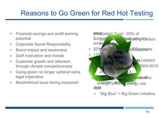 Reasons to Go Green for Red Hot Testing Financial savings and profit earning potential Corporate Social Responsibility Brand impact and awareness Staff motivation and morale Customer growth and retention, through climate competitiveness Going green no longer optional extra, legal imperative Moral/ethical issue facing everyone! UK Carbon Trust - 65% of Companies surveyed, who are aiming to trim costs: 23% focus on Energy Efficiencies 13% Redundancies 17% Low Salary Increases 19% Recruitment Freeze £2.5 billion saving over 12 months through efficient energy use Intel: 2000: Began Publishing Carbon Footprint 2005: Joined EU Emissions Trading Scheme 2006: US EPA Climate Leaders < GHGs 30% between 2004-2010 2007: Joined CCX 2008: Biggest purchaser of “Green”  energy (US) IBM: “ Big Blue ” = Big Green Initiative 