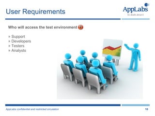 User Requirements Who will access the test environment Support Developers Testers Analysts 