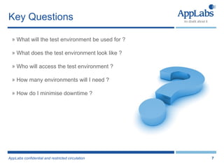 Key Questions What will the test environment be used for ? What does the test environment look like ? Who will access the test environment ? How many environments will I need ? How do I minimise downtime ? 