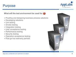 Purpose What will the test environment be used for   Proofing and designing business process solutions Developing solutions Unit testing Smoke testing Integration testing User acceptance testing Performance testing Security testing Operation acceptance testing Post go live warranty periods 