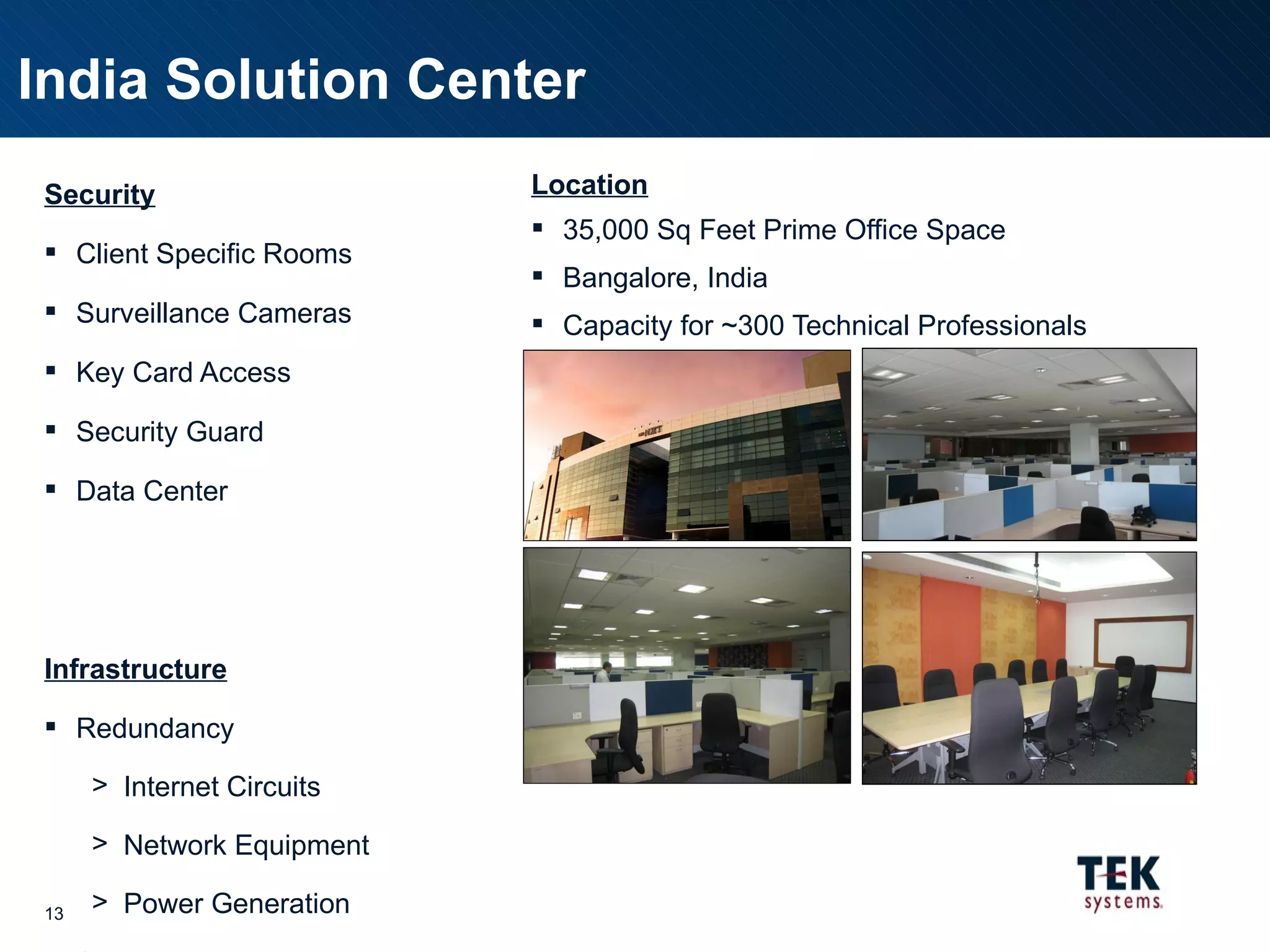 Security Client Specific Rooms Surveillance Cameras Key Card Access Security Guard Data Center Infrastructure Redundancy Internet Circuits Network Equipment Power Generation Standard Desktops Provided Client Specific Requirements supported Location 35,000 Sq Feet Prime Office Space Bangalore, India Capacity for ~300 Technical Professionals India Solution Center 