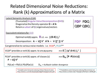 Related Dimensional Noise Reductions:
      Rank (k) Approximations of a Matrix
Latent Semantic Analysis (LSA)
           ...