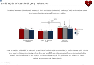 O cenário é positivo ao comparar a intenção atual de compra de imóvel e a intenção para os próximos 6 meses, principalmente nos segmentos Econômico e Médio. Entre os quesitos abordados na pesquisa, a percepção sobre a situação financeira da família é o item mais estável, tanto atualmente quanto para os próximos 6 meses. Para 34% dos entrevistados a situação financeira atual da  família está boa e para 61% está normal. Já nos próximos 6 meses, 28% acreditam que a situação estará  melhor , enquanto para 69% estará igual. 116,9 Índice Lopes de Confiança (ILC) - Janeiro/09 Índice Lopes de Confiança Índice da Situação Atual Índice de Expectativas Econômico Médio 35% Alto 44% 53% 124,3 (base: dez/2008=100) Fonte:  Inteligência de Mercado Lopes 