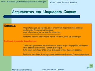 Argumentos em Linguagem Comum Exemplo 3: Os pratos sujos, de papelão, só se encontram dispersos onde pessoas  desleixadas fizeram um piquenique. Aqui há pratos sujos, de papelão, dispersos. ------------------------------------------------ Portanto, pessoas desleixadas devem ter feito, aqui, um piquenique. Realizando introdução de parâmetros. Todos os lugares onde estão dispersos pratos sujos, de papelão, são lugares  onde pessoas desleixadas fizeram piquenique. Este lugar é um lugar onde estão dispersos pratos sujos, de papelão. ------------------------------------------------ Portanto, este lugar é um lugar onde pessoas desleixadas fizeram piquenique. Aluno: Carlos Eduardo Siqueira 