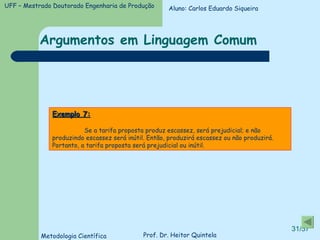 Argumentos em Linguagem Comum Exemplo 7: Se a tarifa proposta produz escassez, será prejudicial; e não produzindo escassez será inútil. Então, produzirá escassez ou não produzirá. Portanto, a tarifa proposta será prejudicial ou inútil. Aluno: Carlos Eduardo Siqueira 