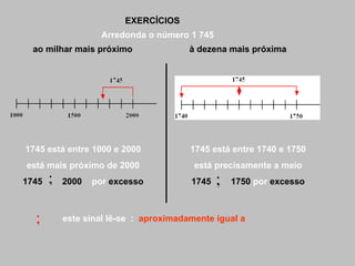 EXERCÍCIOS Arredonda o número 1 745 ao milhar mais próximo à dezena mais próxima 1745 está entre 1000 e 2000 está mais próximo de 2000 1745  2000   por  excesso 1745 está entre 1740 e 1750 está precisamente a meio 1745  1750  por  excesso este sinal lê-se   :   aproximadamente igual a   