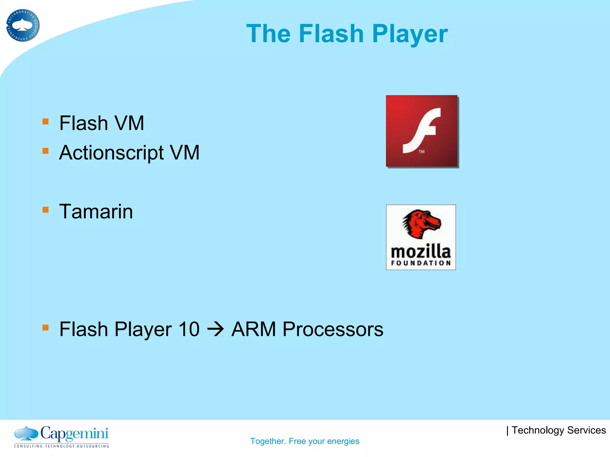 The Flash Player Flash VM Actionscript VM Tamarin Flash Player 10    ARM Processors 