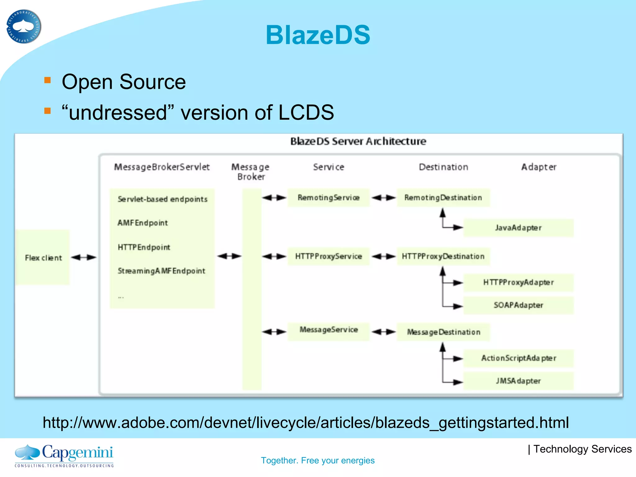 BlazeDS Open Source “ undressed” version of LCDS http://www.adobe.com/devnet/livecycle/articles/blazeds_gettingstarted.html 