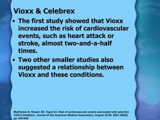 Vioxx & Celebrex The first study showed that Vioxx increased the risk of cardiovascular events, such as heart attack or stroke, almost two-and-a-half times.  Two other smaller studies also suggested a relationship between Vioxx and these conditions. Mukherjee D, Nissen SE, Topol EJ. Risk of cardiovascular events associated with selective COX-2 inhibitors. Journal of the American Medical Association, August 22/29, 2001:286(8), pp. 954-959. 