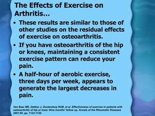 These results are similar to those of other studies on the residual effects of exercise on osteoarthritis. If you have osteoarthritis of the hip or knees, maintaining a consistent exercise pattern can reduce your pain. A half-hour of aerobic exercise, three days per week, appears to generate the largest decreases in pain. The Effects of Exercise on Arthritis… Van Baar ME, Dekker J, Oostendorp RAB, et al. Effectiveness of exercise in patients with osteoarthritis of hip or knee: Nine months' follow up. Annals of the Rheumatic Diseases 2001:60, pp. 1123-1130.  