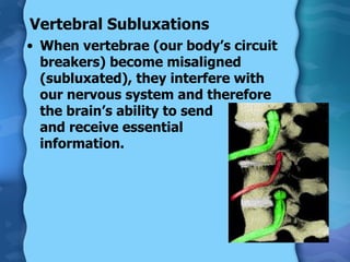 Vertebral Subluxations When vertebrae (our body’s circuit breakers) become misaligned (subluxated), they interfere with our nervous system and therefore the brain’s ability to send  and receive essential  information. 