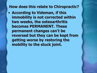 How does this relate to Chiropractic? According to Videman, if this immobility is not corrected within two weeks, the osteoarthritis becomes PERMANENT. These permanent changes can't be reversed but they can be kept from getting worse by restoring the mobility to the stuck joint.  