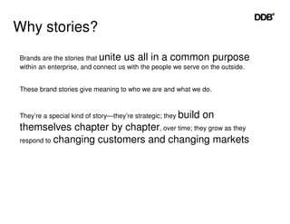 Why stories?
Brands are the stories that unite us all in a common purpose
within an enterprise, and connect us with the pe...