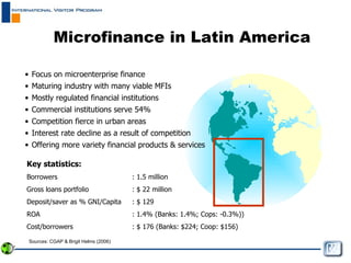 Microfinance in Latin America Focus on microenterprise finance  Maturing industry with many viable MFIs Mostly regulated financial institutions Commercial institutions serve 54% Competition fierce in urban areas Interest rate decline as a result of competition Offering more variety financial products & services  Key statistics: Borrowers : 1.5 million Gross loans portfolio : $ 22 million Deposit/saver as % GNI/Capita : $ 129  ROA : 1.4% (Banks: 1.4%; Cops: -0.3%)) Cost/borrowers  : $ 176 (Banks: $224; Coop: $156) Sources: CGAP & Brigit Helms (2006) 