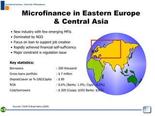 Microfinance in Eastern Europe & Central Asia New industry with few emerging MFIs  Dominated by NGO Focus on loan to support job creation  Rapidly achieved financial self-sufficiency  Major constraint is regulation issue Key statistics: Borrowers : 200 thousand  Gross loans portfolio : $ 7 million Deposit/saver as % GNI/Capita : $ 89  ROA : 0.6% (Banks: 1.9%; Cops: -0.2%) Cost/borrowers  : $ 309 (Coops: $392 Banks: $362) Sources: CGAP & Brigit Helms (2006) 