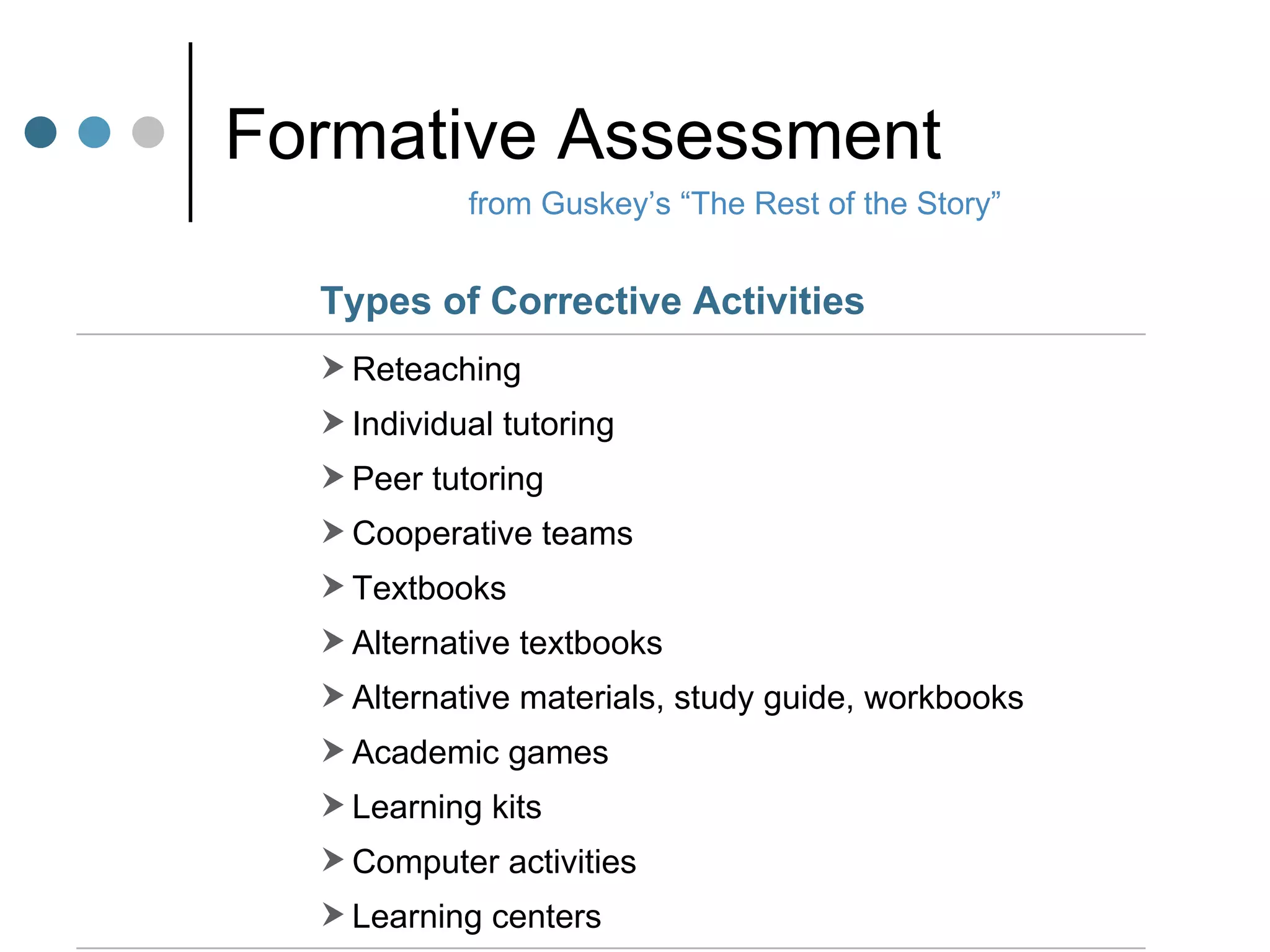 Formative Assessment from Guskey’s “The Rest of the Story” Reteaching Individual tutoring Peer tutoring Cooperative teams Textbooks Alternative textbooks Alternative materials, study guide, workbooks Academic games Learning kits Computer activities Learning centers Types of Corrective Activities 