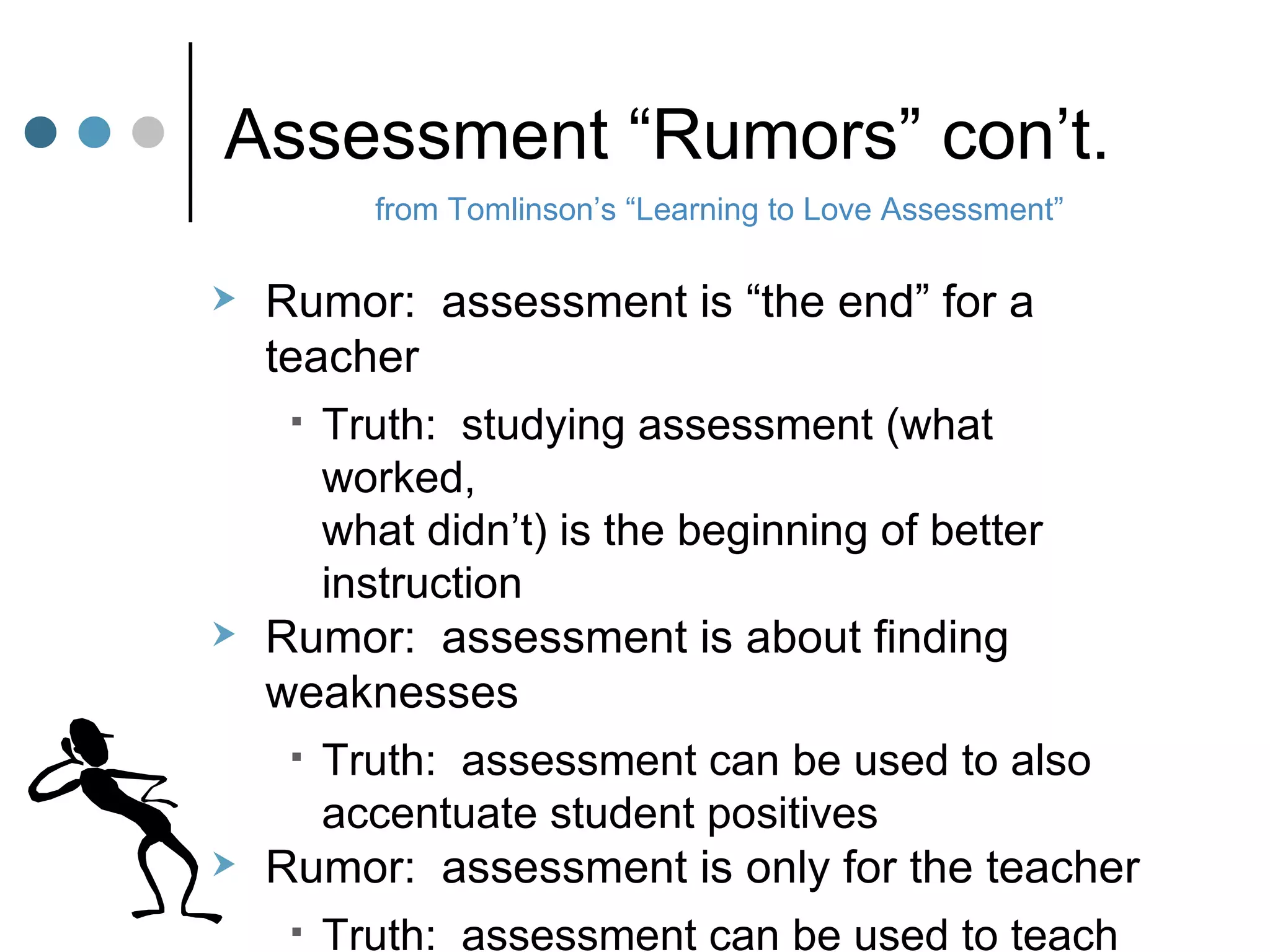 Assessment “Rumors” con’t. Rumor:  assessment is “the end” for a teacher Truth:  studying assessment (what worked,  what didn’t) is the beginning of better instruction Rumor:  assessment is about finding weaknesses Truth:  assessment can be used to also  accentuate student positives Rumor:  assessment is only for the teacher Truth:  assessment can be used to teach  students self-monitoring and self-modifying from Tomlinson’s “Learning to Love Assessment” 