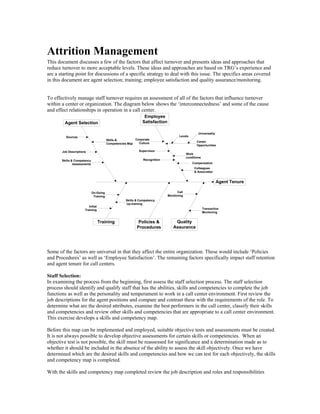 Attrition Management
This document discusses a few of the factors that affect turnover and presents ideas and approaches that
reduce turnover to more acceptable levels. These ideas and approaches are based on TRG’s experience and
are a starting point for discussions of a specific strategy to deal with this issue. The specifics areas covered
in this document are agent selection; training; employee satisfaction and quality assurance/monitoring.


To effectively manage staff turnover requires an assessment of all of the factors that influence turnover
within a center or organization. The diagram below shows the ‘interconnectedness’ and some of the cause
and effect relationships in operation in a call center.
                                                               Employee
                                                              Satisfaction
        Agent Selection

                                                                                                  Universality
                                                                                    Levels
         Sources
                                                          Corporate
                                         Skills &
                                                                                                 Career
                                                            Culture
                                         Competencies Map
                                                                                                 Opportunities
                                                            Supervison
       Job Descriptions
                                                                                          Work
                                                                                          conditions
                                                               Recognition
       Skills & Competency
                                                                                              Compensation
               Assessments
                                                                                               Colleagues
                                                                                               & Associates


                                                                                                                 Agent Tenure

                                                                                   Call
                             On-Going
                                                                             Monitoring
                              Training
                                                    Skills & Competency
                                                    Up-training
                         Initial
                                                                                                       Transaction
                      Training
                                                                                                       Monitoring


                                                                                 Quality
                                   Training                 Policies &
                                                                                Assurance
                                                           Procedures




Some of the factors are universal in that they affect the entire organization. These would include ‘Policies
and Procedures’ as well as ‘Employee Satisfaction’. The remaining factors specifically impact staff retention
and agent tenure for call centers.

Staff Selection:
In examining the process from the beginning, first assess the staff selection process. The staff selection
process should identify and qualify staff that has the abilities, skills and competencies to complete the job
functions as well as the personality and temperament to work in a call center environment. First review the
job descriptions for the agent positions and compare and contrast these with the requirements of the role. To
determine what are the desired attributes, examine the best performers in the call center, classify their skills
and competencies and review other skills and competencies that are appropriate to a call center environment.
This exercise develops a skills and competency map.

Before this map can be implemented and employed, suitable objective tests and assessments must be created.
It is not always possible to develop objective assessments for certain skills or competencies. When an
objective test is not possible, the skill must be reassessed for significance and a determination made as to
whether it should be included in the absence of the ability to assess the skill objectively. Once we have
determined which are the desired skills and competencies and how we can test for each objectively, the skills
and competency map is completed.

With the skills and competency map completed review the job description and roles and responsibilities
 